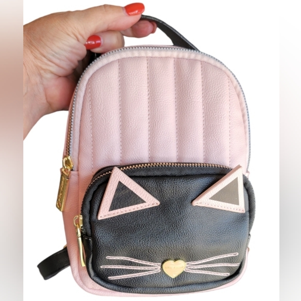Betsy Johnson pink black Kitty cat mini backpack 9.5" *